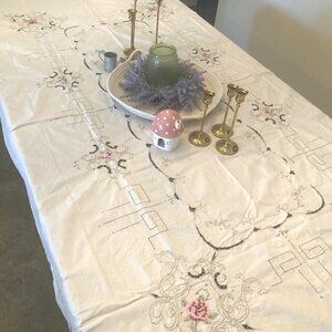 Large Ecru Tablecloth Floral Cutwork & Cross Stitch 95” X 66” VGUC Cottage Core